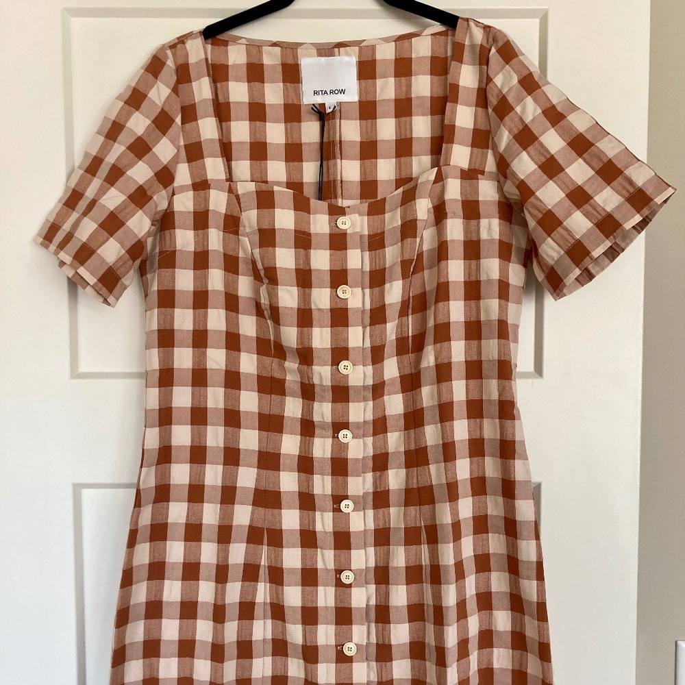 Rita Row Rust & White Gingham Button-Front Mini Dress